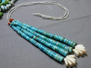 Old Stash KINGMAN TURQUOISE Shell Coral 5"Long CORN JACLA Cotton Tie On Pendant - Picture 1 of 16