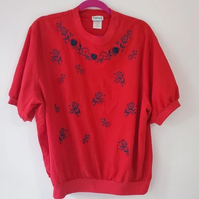 BonWorth Vintage Red Floral Embroidered Top SzXL Grandmacore Cottagecore Country - Image 1 of 4
