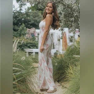 Skemo Jumpsuit gesmokt trägerlos weites Bein ocean koralle Print top Gr. M - Bild 1 von 11