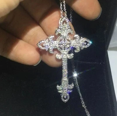 2Ct Round Cut Lab-Created Diamond Cluster Cross Pendant 14K White Gold Plated - Image 1 of 4