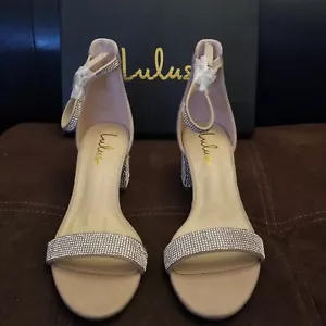 Lulus Harper Rhinestone Neutral Heels Ankle Strappy Sandal Shoe Women's 7.5 - Picture 1 of 8