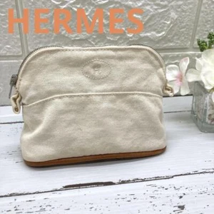 HERMES Small Pouch Leather Cotton Canvas Logo Women's Off-White From Japan y3036 - Picture 1 of 13