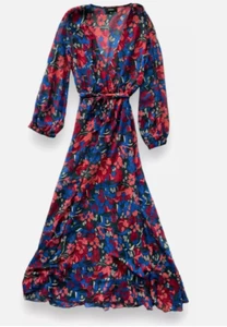 Maxi Vestido Anthropologie Aakaa Talla Pequeña Azul Rosa Floral Manga Larga Faja Cinturón - Imagen 1 de 11