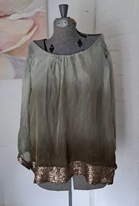 Bellaamore Italy Silk Sage Ombre Artsy Tunic Lagan Sequin Flowy Boho Blouse - Picture 1 of 7