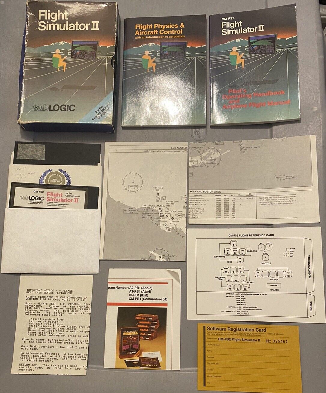 1983 Commodore 64 Flight Simulator II 5" Floppy Complete Box, Instructions, Maps