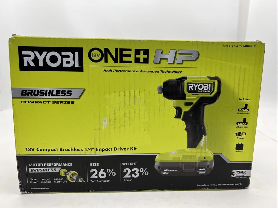 Ryobi Compact Brushless 18V 1/4 In. Impact Driver Kit PSBID01K