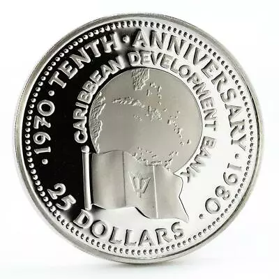 Barbados 25 dollars 10th Anniversary of Caribbean Bank proof silver coin 1980 - Image 1 of 4