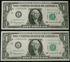 1963 #101 & #102 TWO CONSECUTIVE SERIAL #s $1 UNCIRCULATED FED RESERVE NOTES - Picture 1 of 2