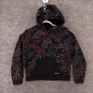 Adidas Sweatshirt Youth Extra Large Black Hoodie w Pouch All Over Spell Out Logo - Picture 1 of 10