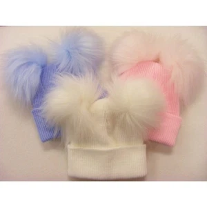 NEWBORN FUR POM POM HAT DOUBLE BOBBLE BABY GIRLS BOYS PINK WHITE BLUE WARM HATS - Picture 1 of 1