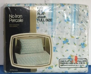 Vintage JC Penney Full Flat Sheet Blue Floral No Iron Percale - Picture 1 of 2