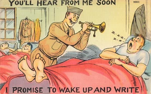 Versprechen zu schreiben Soldat schlafen, Militär Humor Comic, Vintage Postkarte - Bild 1 von 2