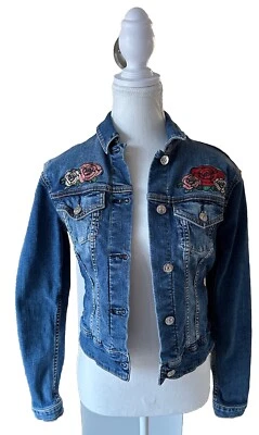 LULAROE Blue Denim Spandex Jean Jacket Embroidered Roses Sz XS 90’s Y2K Western - Image 1 of 4