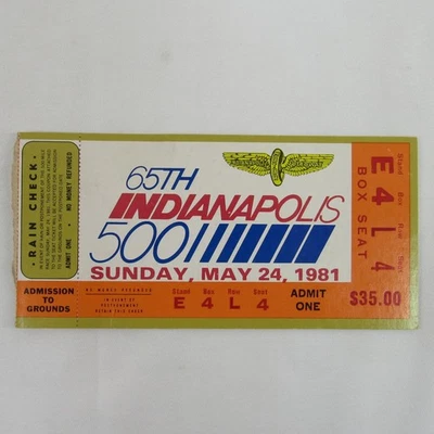 Boleto de carrera Indianapolis 500 1981 caja de credenciales soporte de asiento caja E 4 filas asiento L 4 Foto 1 de 3
