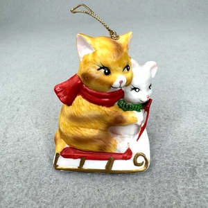 Vintage Christmas Ornament JSNY Ceramic Bell 2 Cats on Sled Taiwan - Picture 1 of 7
