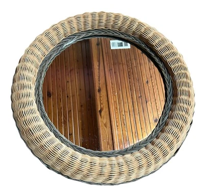 Vintage Round Wicker Mirror 19"x19" MCM Bohemian Farmhouse Brown & Gray Hanging - Image 1 of 4
