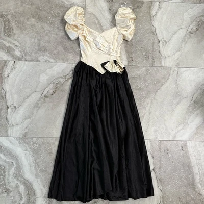 Vintage 80s Formal Dress Union Made Black Ivory Made in USA Size 8 Fits Like 4 - Image 1 of 4