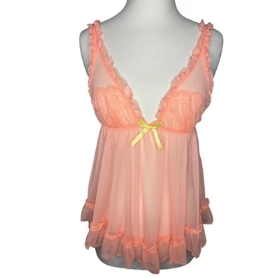 Lencería Babydoll Victoria's Secret Malla Transparente Melocotón Volantes Lazos Amarillos Talla S Foto 1 de 4