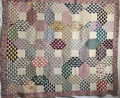 Antique Quilt 1930 Flour Sack Patchwork Double/Full Shell Kaleidoscope Signed - Image 1 of 4