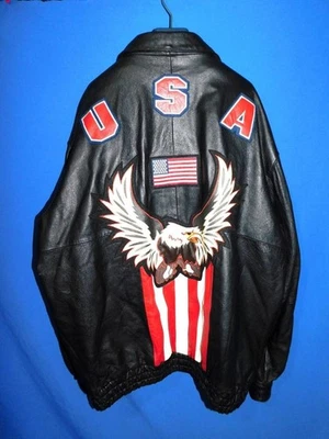 Abrigo De Colección Oscar Piel 3X Cuero Negro Bandera Americana EE. UU. Rayas Águila Calva 3XL Foto 1 de 4