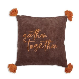 FALL Throw Pillow Thanksgiving Pillow Corduroy Embroidered "Gather Together" 18" - Picture 1 of 1