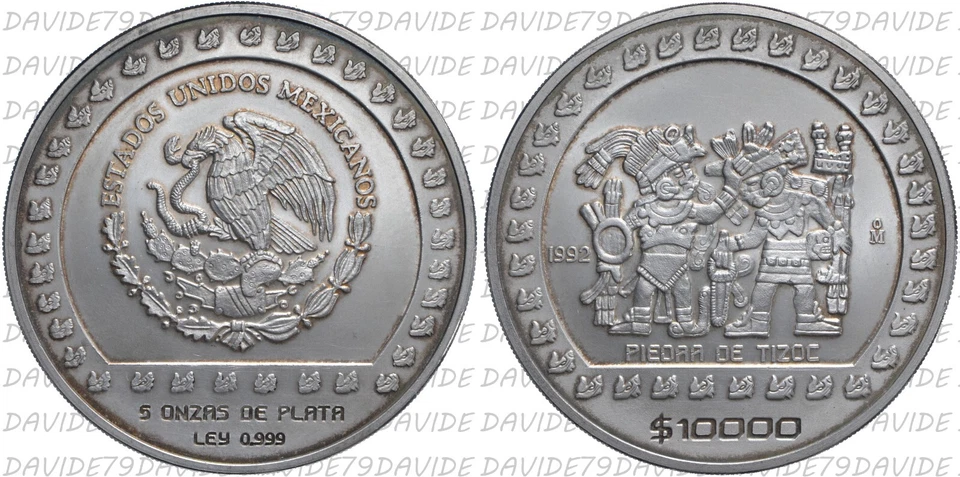 MESSICO MEXICO 1992 - 10000 PESOS 5 ONCE OZ ARGENTO PURO - PIEDRA DE TIZOC - BU - Immagine 1 di 1