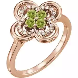 Anillo de trébol de diamantes de peridoto y 1/10 CTW en oro rosa de 14 K - Imagen 1 de 2