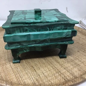 Solid Natural African Malachite Box Jewelry Casket Trinket Box Lid Feet 7lbs - Picture 1 of 8