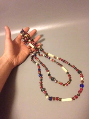 Vintage glass bohemian flapper bead necklace Redblue amber deco 59" Necklace - Image 1 of 4