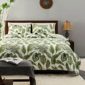 Tropical Plants Quilt Set King Size 3 Pieces, Green Palm Leaves Rainforest Style - Picture 1 of 12