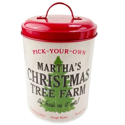 "Bote de lata de Navidad Martha Stewart con tapa roja árbol granja elige el tuyo propio 9""" Foto 1 de 4