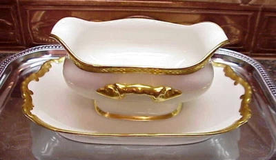 De colección Limoges Vignaud Gravy Barco Base Hoja de Oro Banda Manijas Francia Foto 1 de 4