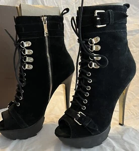Bebe Yasmin Black Suede Peep Toe Booties Size 7 - Picture 1 of 10