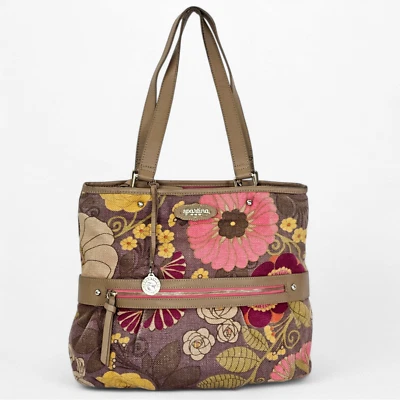 Spartina 449 Floral Sarah Tote Daufuskie Island Leather Linen Brown Pink Natural - Image 1 of 4