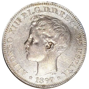 1897 SGV Spain / Philippines Un Peso 90% Silver ~ KM#154 ~ 1 Yr Issue # 0446 - Picture 1 of 2