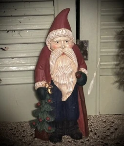 Primitive Style Carved Wood Look Santa Claus Belsnickel w Staff & Tree signed 93 - Picture 1 of 17