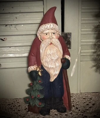 Primitive Style Carved Wood Look Santa Claus Belsnickel w Staff & Tree signed 93 - Image 1 of 4