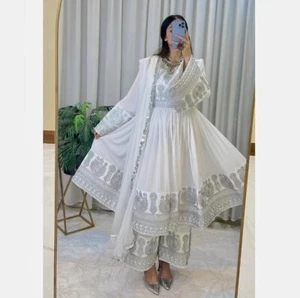 Afghanisches langes Whitegeorget Kochi Nikkah Kleid für Damen. Party und Hochzeit Outfit - Bild 1 von 4