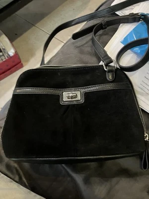 B. Makowsky Maisie Black Suede Zip Around Crossbody Bag Leather Trim Turnlock - Image 1 of 4