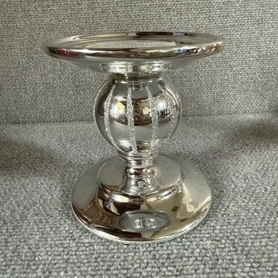 Bath & Body Works Silver Glitter Stripe Candle Pedestal 3-Wick Holder Holiday - Image 1 of 4