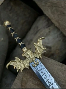 Fantasy Dragon Sword Hand Forged Sword Engraved Steel Blade with Leather Sheath - Picture 1 of 5