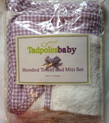Tadpoles Baby Hooded Towel and Mitt Set NEW PACKAGE  Purple White Shower Gift - Image 1 of 3