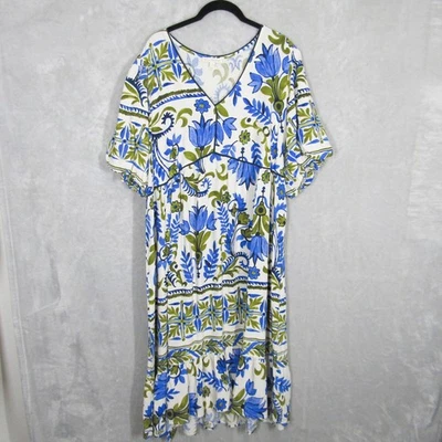 无花果女式 2X 蓝色绿色花卉印花 V 领亚麻混纺长裙 — 第 1/4 张图片