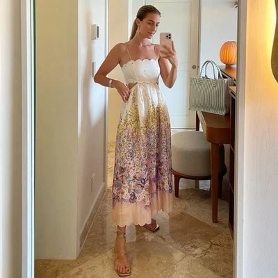 Vestido Zimmermann Jude Talla 0P / 6 AU / 2 EE. UU. Midi Festoneado Floral Blanco Lino Foto 1 de 4