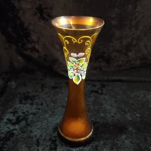 Vintage bohemian hand painted raised flowers applied on gold enameled vase J - Picture 1 of 4