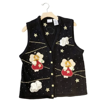 DE COLECCIÓN BOBBIE BROOKS Bordado Estrella de Ángel Nube Navidad Suéter Chaleco Mediano Foto 1 de 4