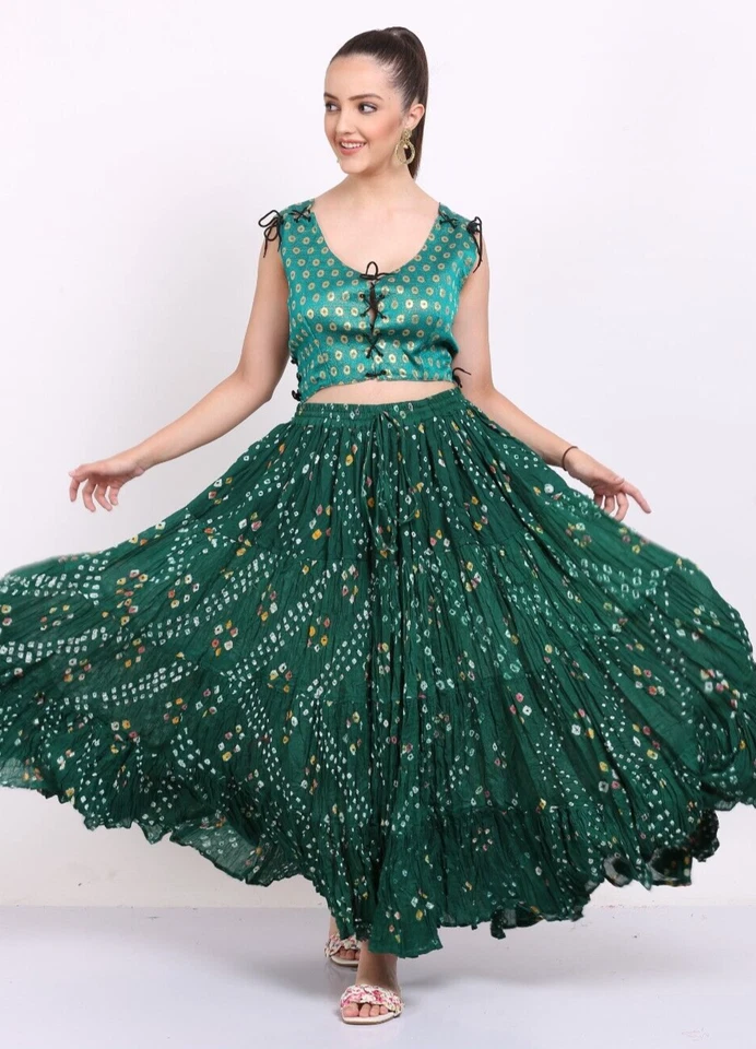Jupe décontractée à pois vert tsigane JAIPURI pour femme 25 yards 4 niveaux 1... - Photo 1/4