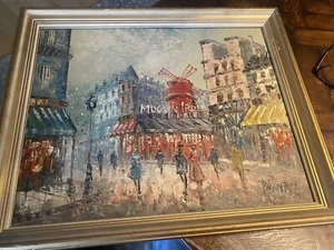 Vintage CAROLINE BURNETT "Moulin Rouge” Paris Street Scene Oil PAINTING mcm - Picture 1 of 8