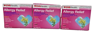 3x CVS Health Alivio de Alergias Difenhidramina Clorhidrato 24 Comprimidos CADUCIDAD 02/26 Foto 1 de 4