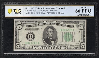 FR. 1959-B 1934-C $5 FRN NEW YORK, NY PCGS BANKNOTE GEM UNCIRCULATED-66PPQ (F) - Image 1 of 2